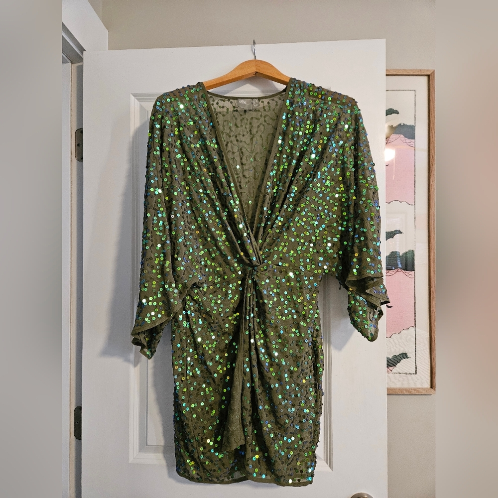 ASOS Olive Green Sequin Knot-Front Dress Sz8